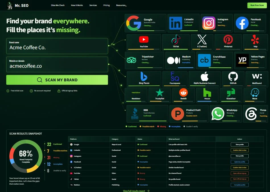 MR. SEO brand visibility and platform catalog homepage